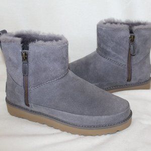 NIB UGG WOMEN'S SUEDE SHEARLING LINED MINI DOUBLE ZIP BOOTS GRAY
